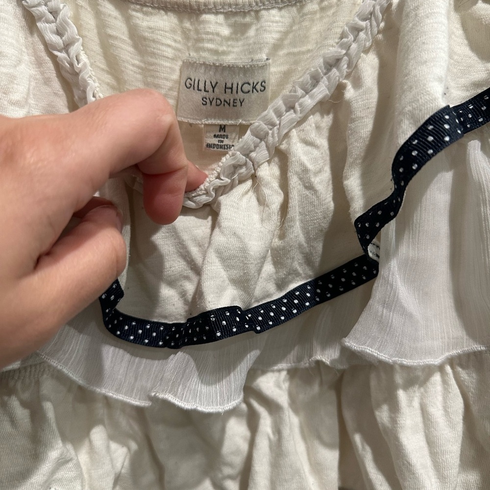 Gilly Hicks White Ruffle blouse with Navy Polka Dot Trim - Picture 2 of 3